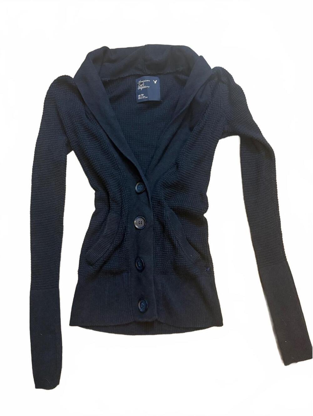 Y2K American Eagle Black Shawl Collar Cardigan XS Waffle Knit Sweater